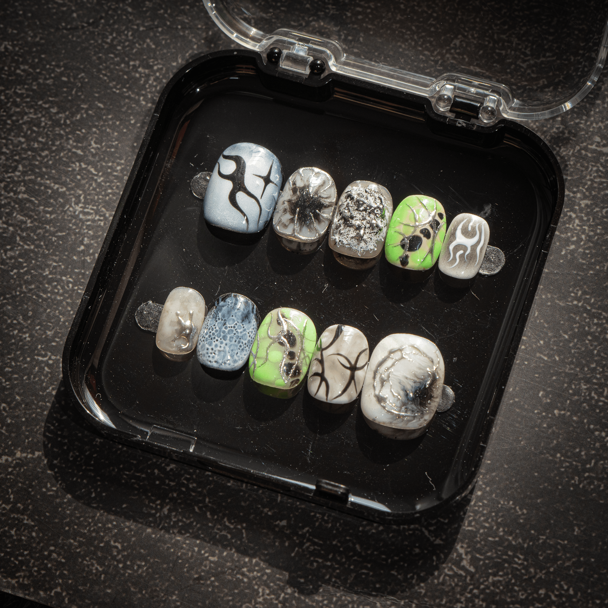 Neon Cyber press-on nails – hand-painted reusable gel set by Handora