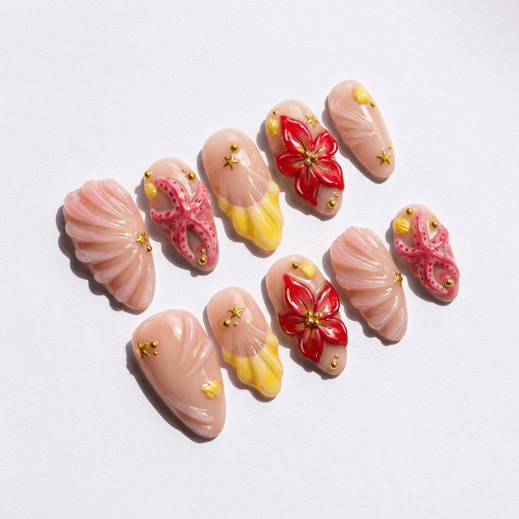 Ocean Bloom floral nail design – handmade press-on nails by Handora