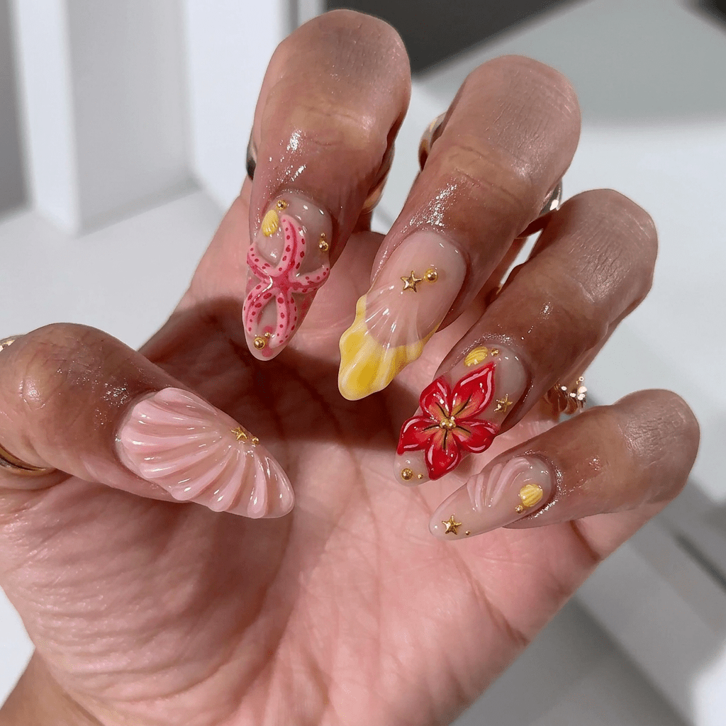 Ocean Bloom press-on nails – hand-painted reusable gel set by Handora