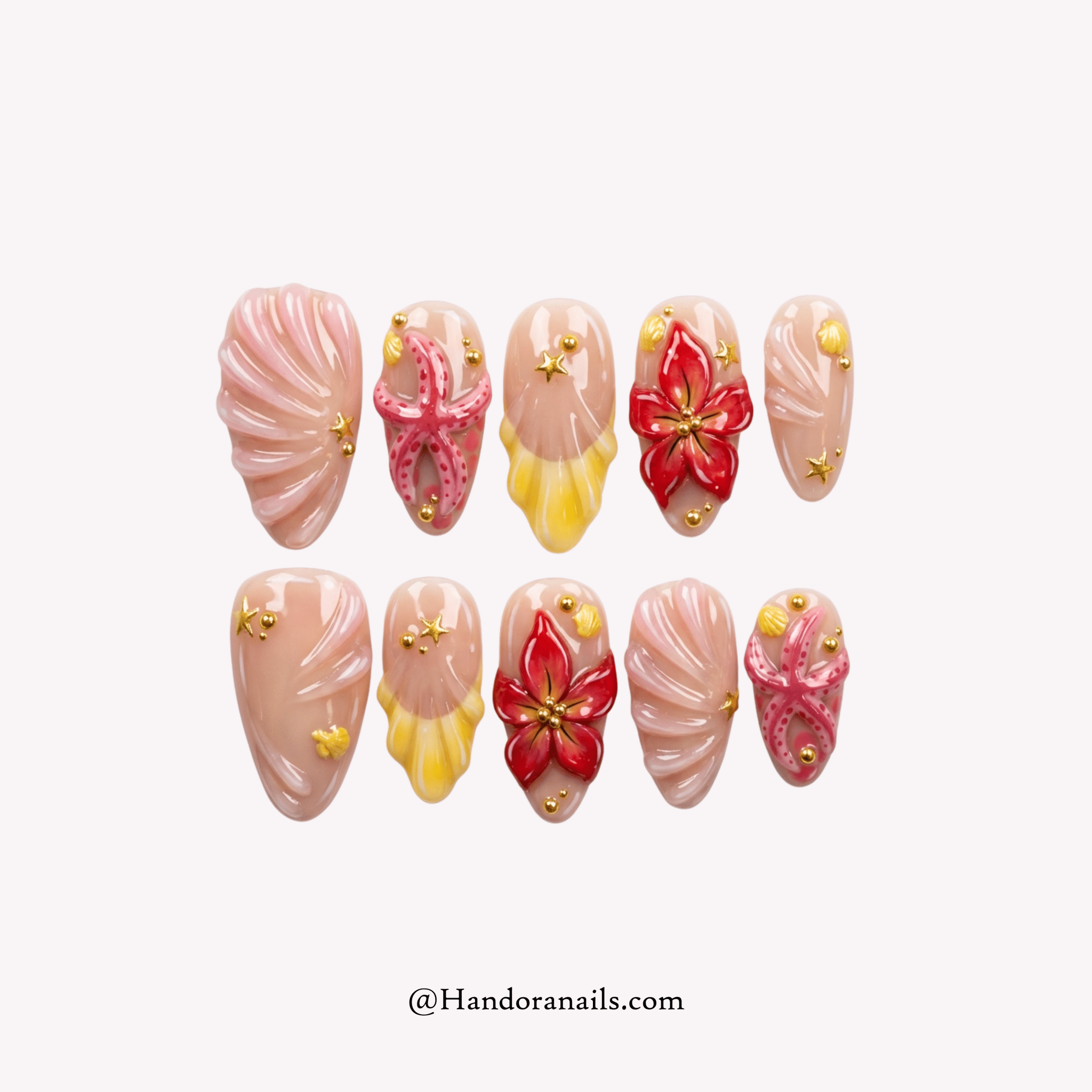 Ocean Bloom blue almond floral press-on nails by Handora
