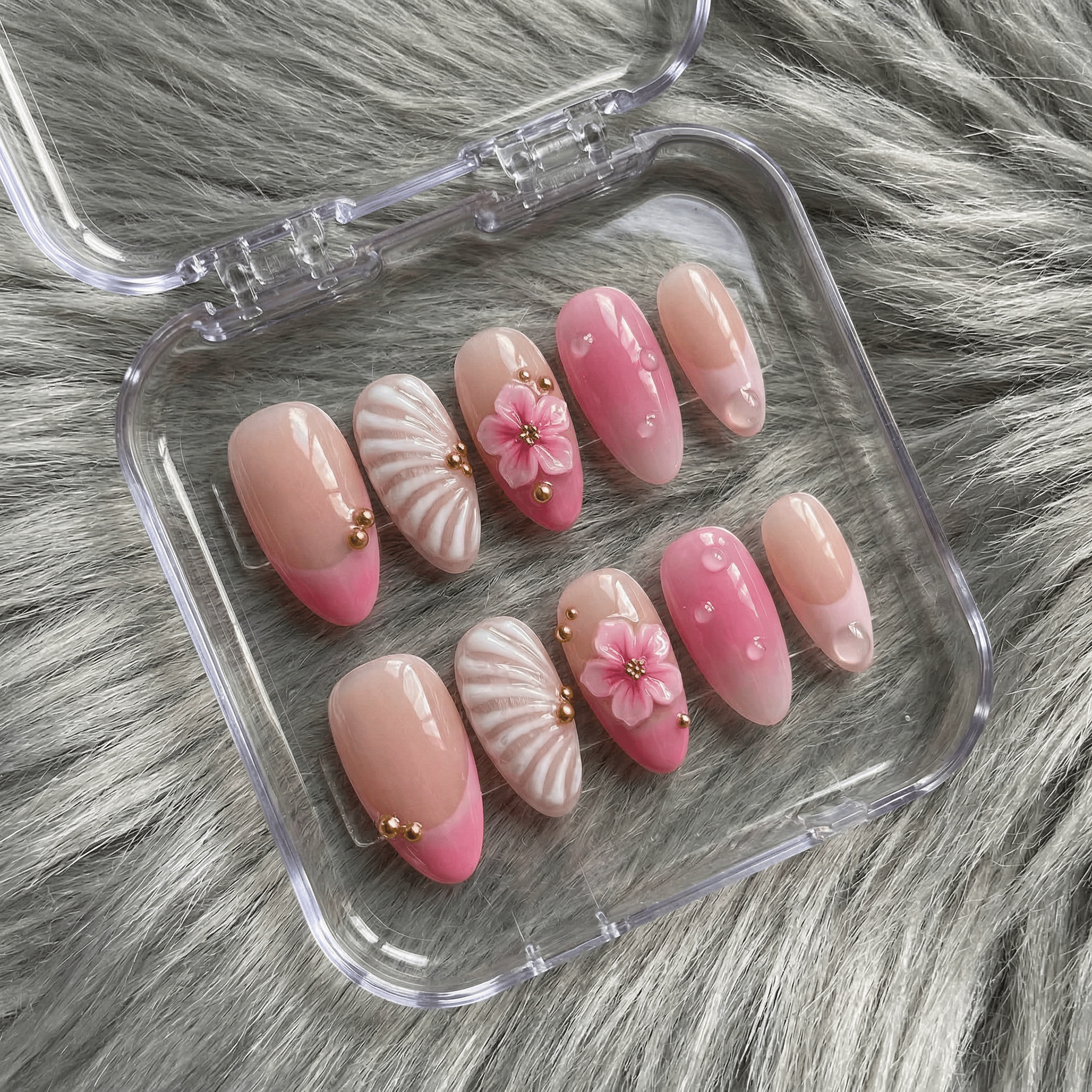 Ocean Blossom 3d nail design – handmade press-on nails by Handora