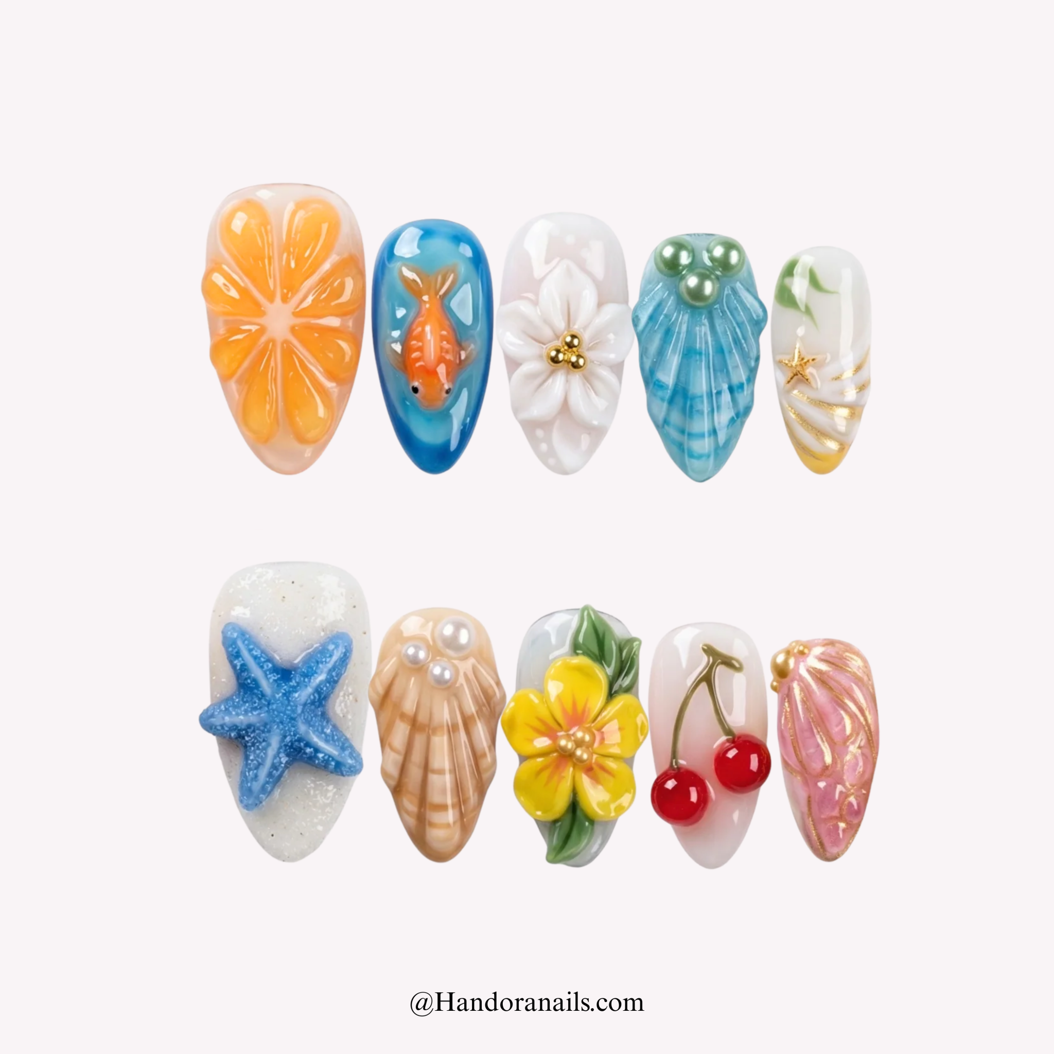Ocean Charm blue almond 3d press-on nails by Handora