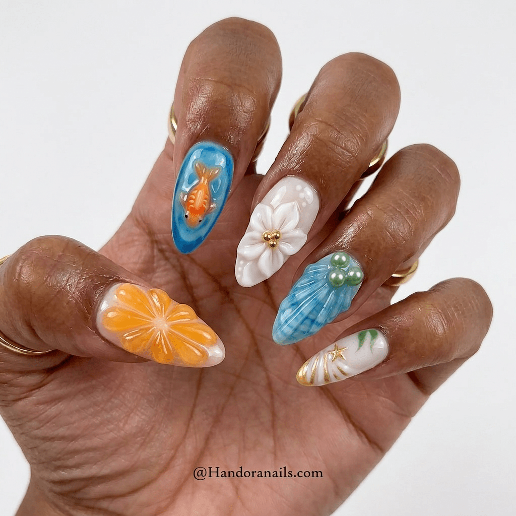 Ocean Charm 3d nail design – handmade press-on nails by Handora