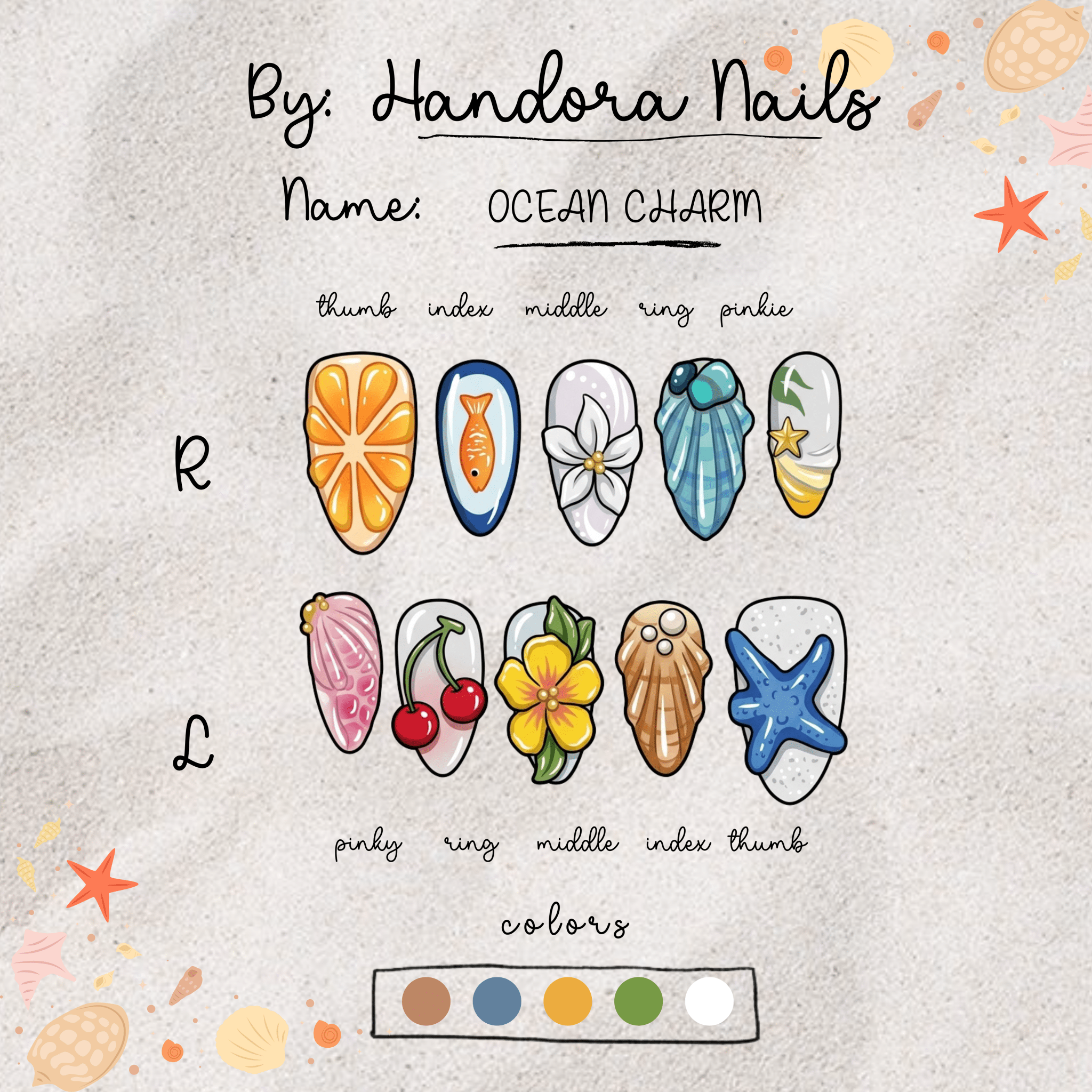 Ocean Charm press-on nails – hand-painted reusable gel set by Handora
