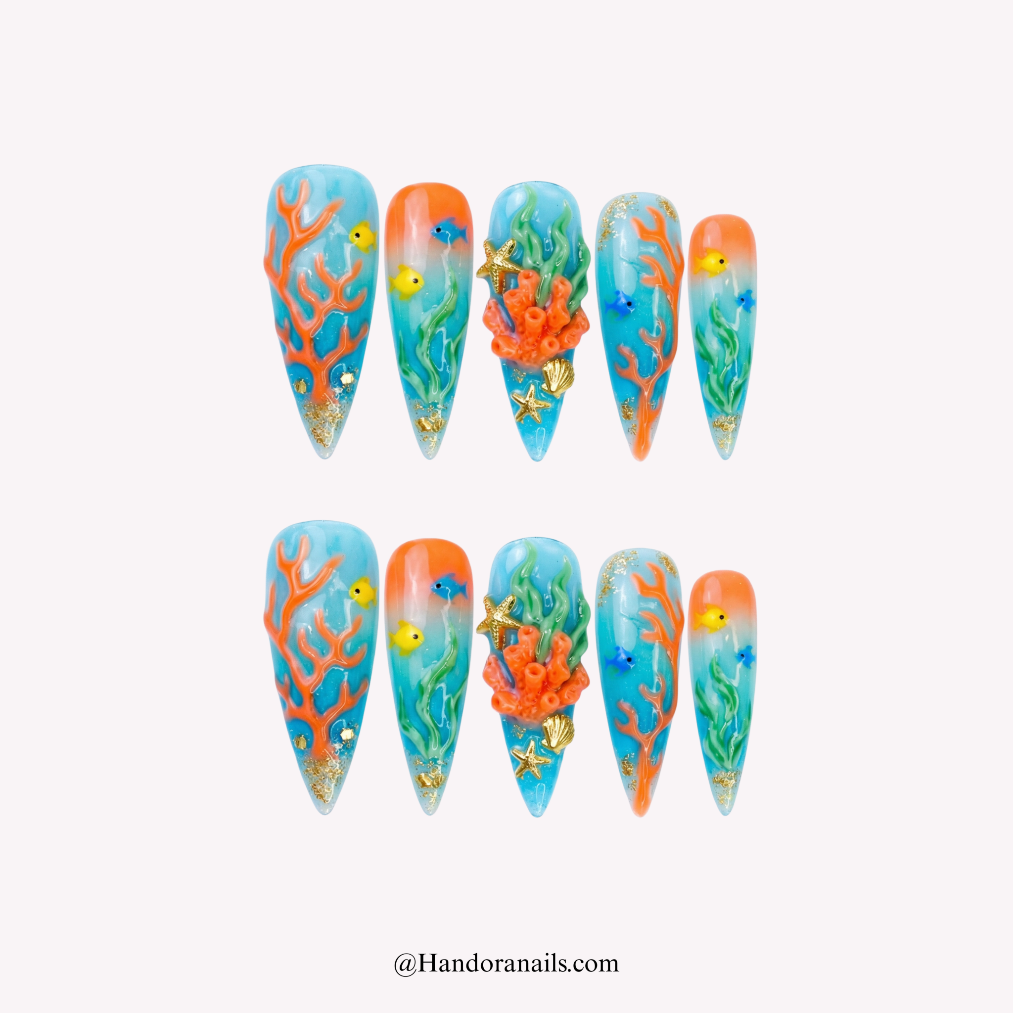 Ocean Coral blue almond press-on nails by Handora