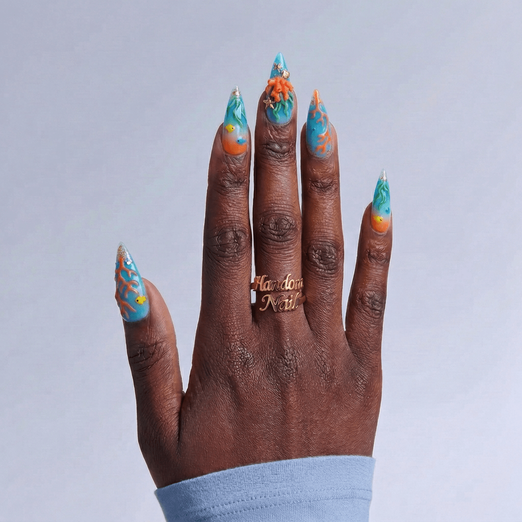 Ocean Coral nail design – handmade press-on nails by Handora