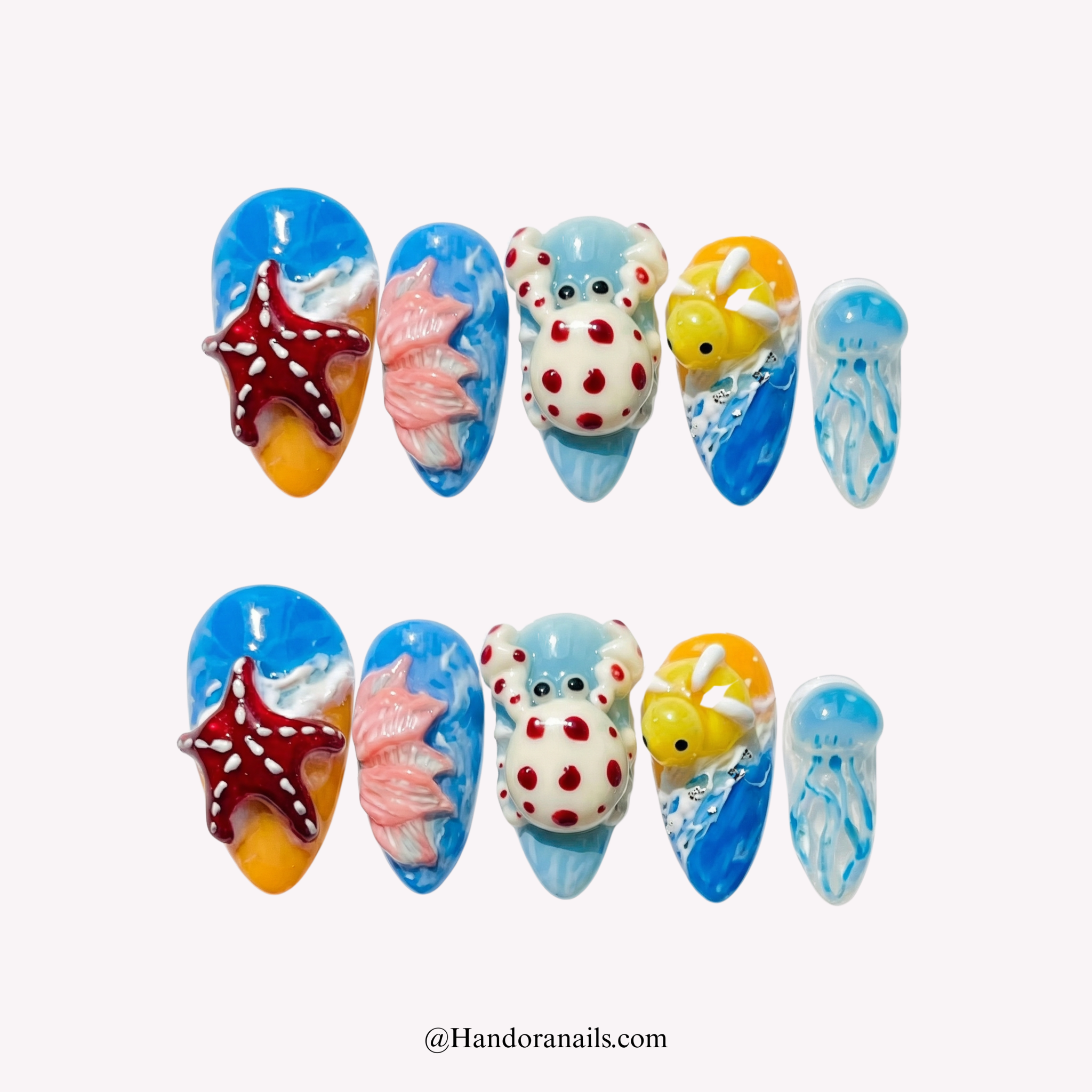 Ocean Creatures blue almond press-on nails by Handora