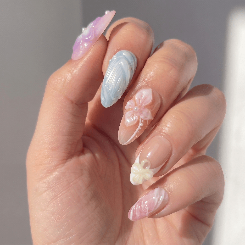 Ocean Fantasy press-on nails worn on hand – almond shape by Handora