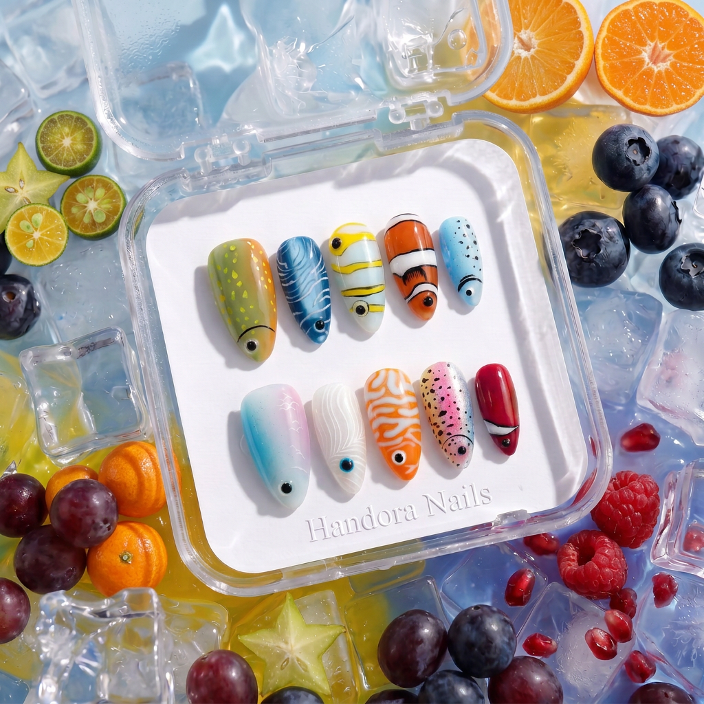 Ocean Fishes press-on nails – hand-painted reusable gel set by Handora