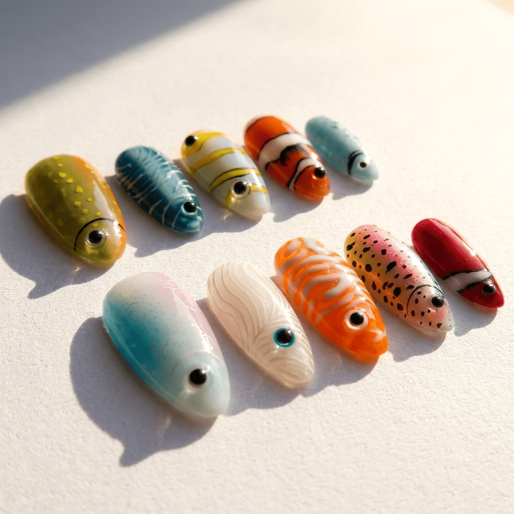 Ocean Fishes blue press-on nails by Handora