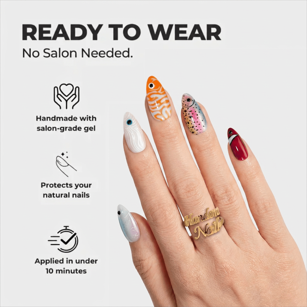 Ocean Fishes press-on nails – design close-up by Handora