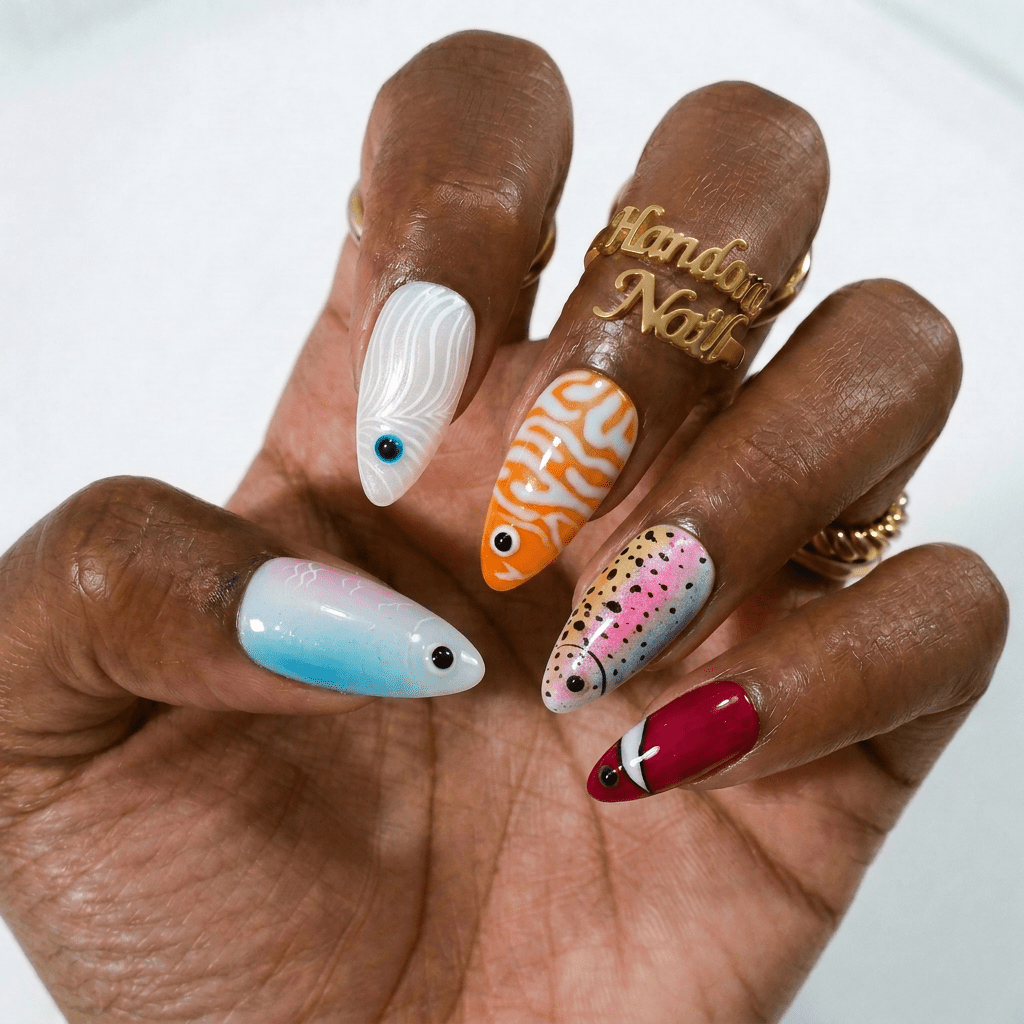 Ocean Fishes nail design – handmade press-on nails by Handora