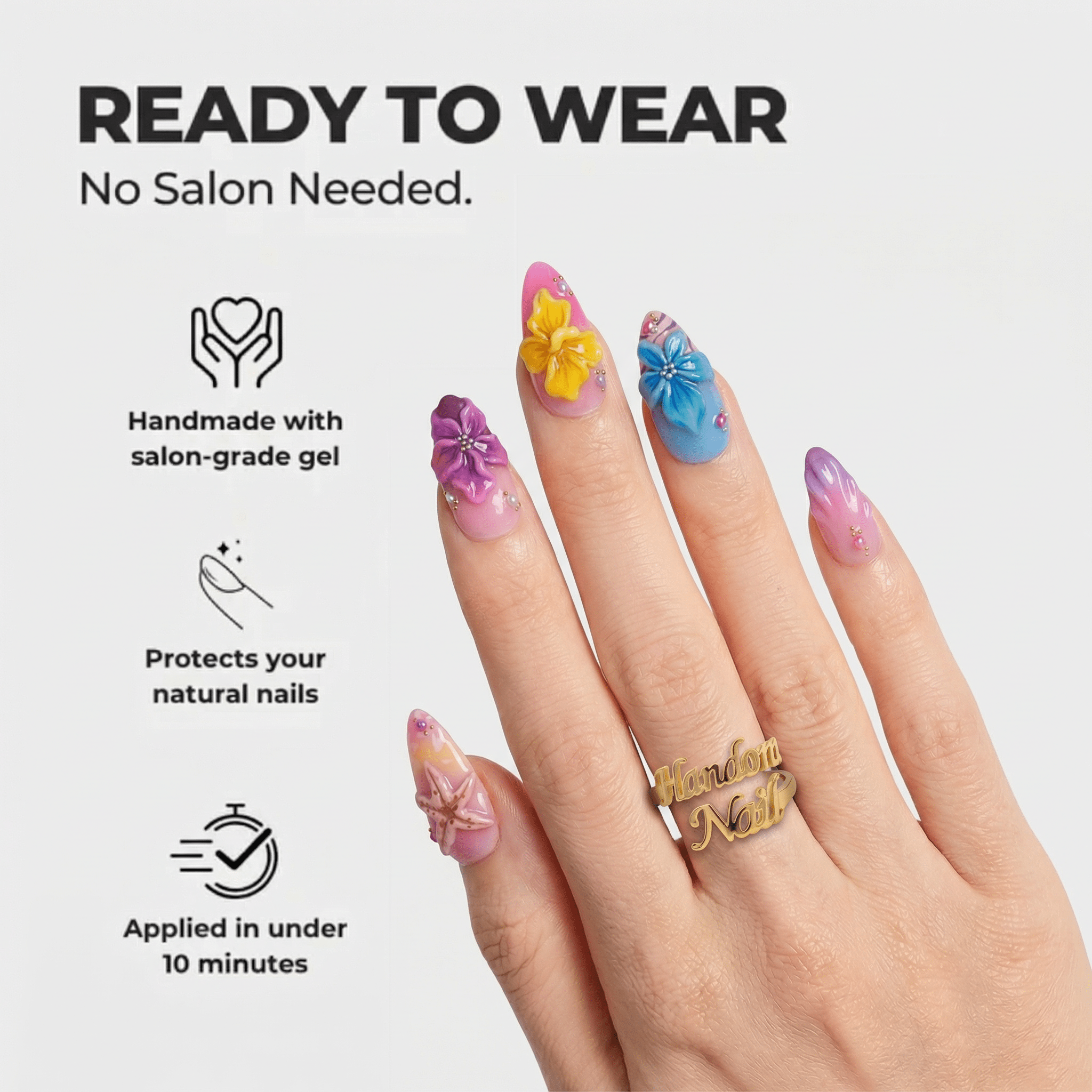 Ocean Magic press-on nails – design close-up by Handora
