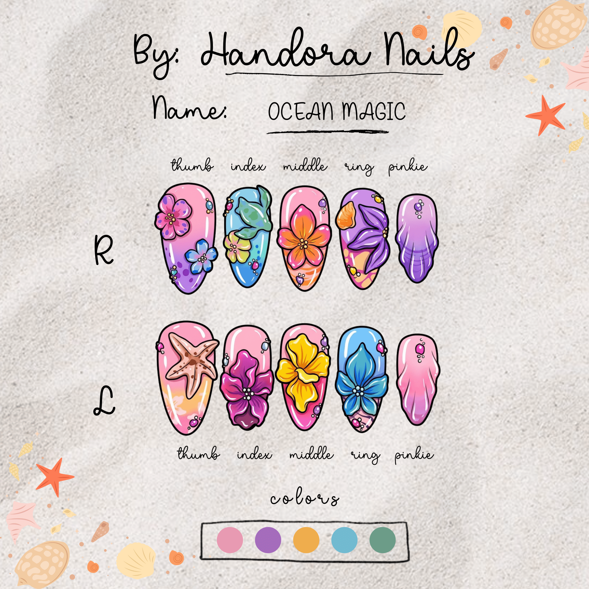 Ocean Magic press-on nails – hand-painted reusable gel set by Handora