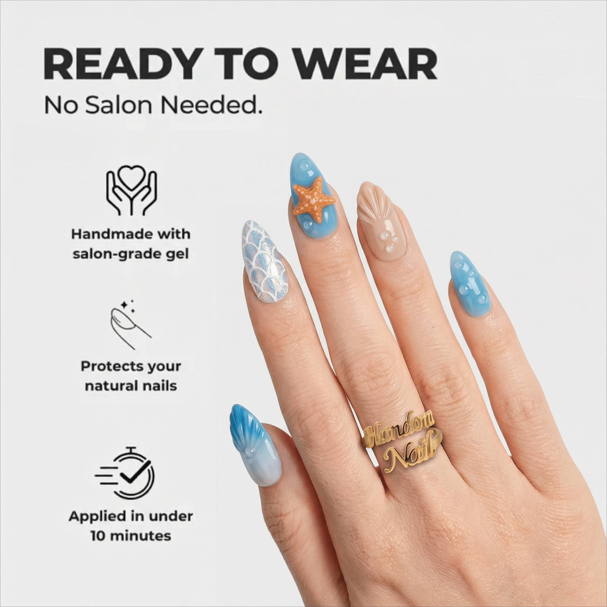Ocean Mermaid press-on nails – hand-painted reusable gel set by Handora