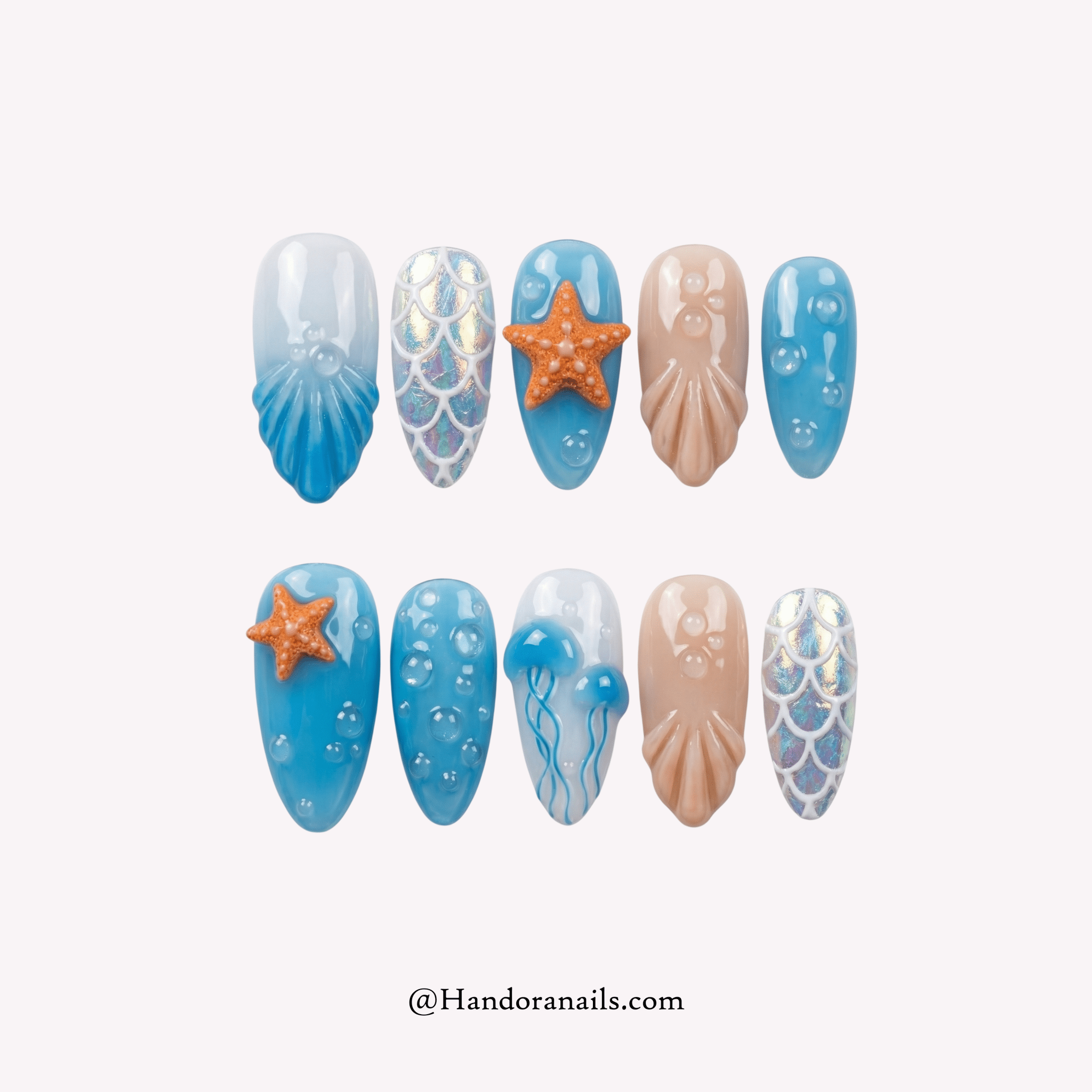 Ocean Mermaid blue 3d press-on nails by Handora