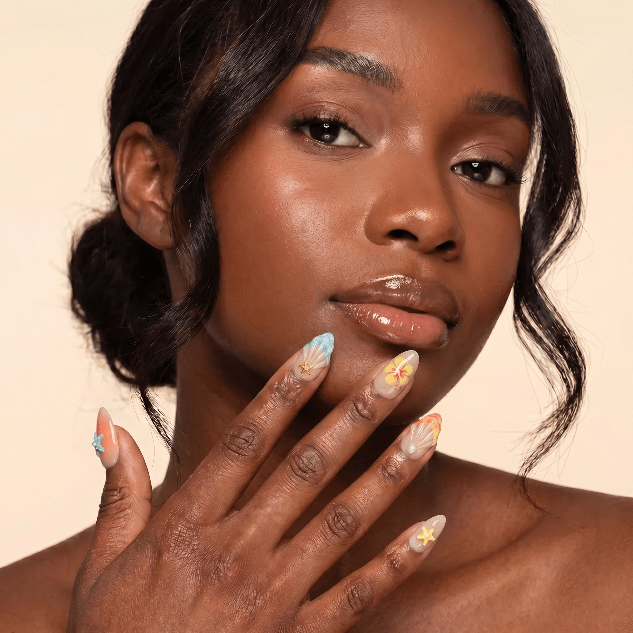 Ocean Oasis press-on nails worn on hand – almond shape by Handora