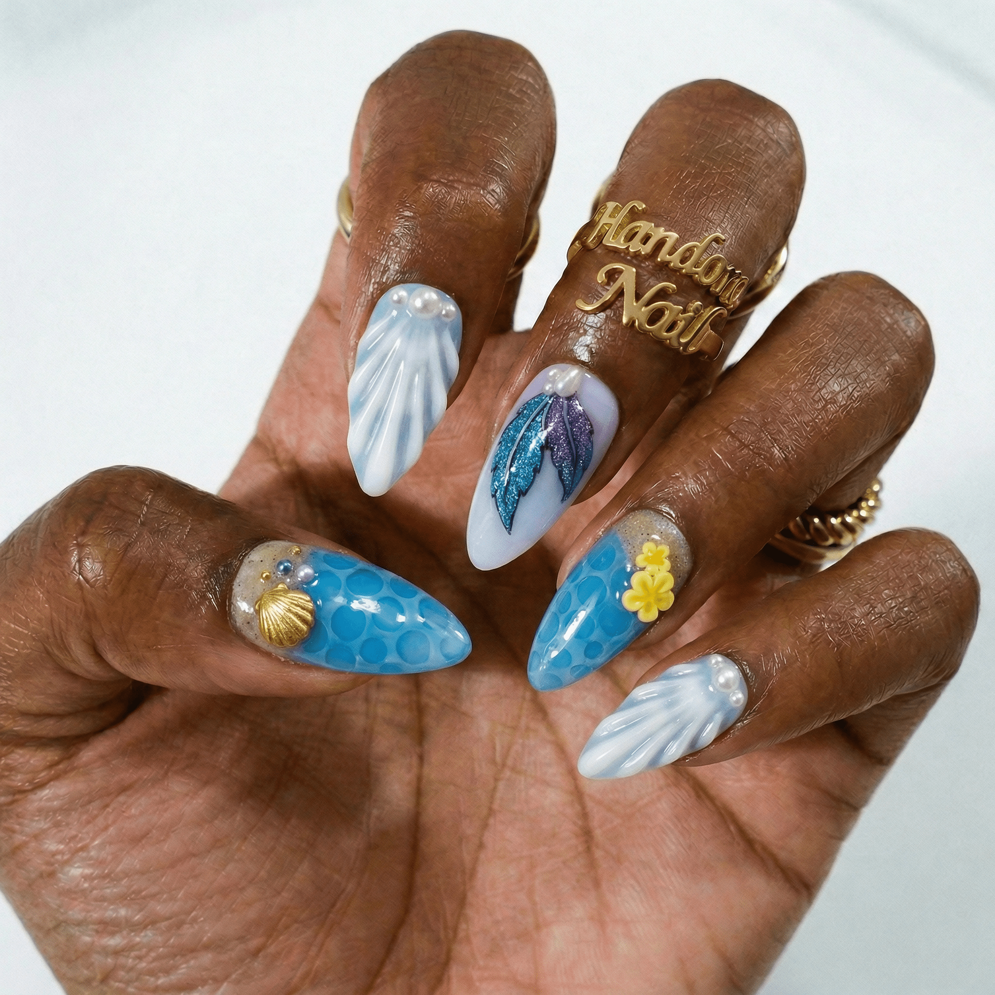 Ocean Paradise press-on nails – design close-up by Handora