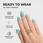 Ocean Plumeria almond press-on nails – design close-up by Handora