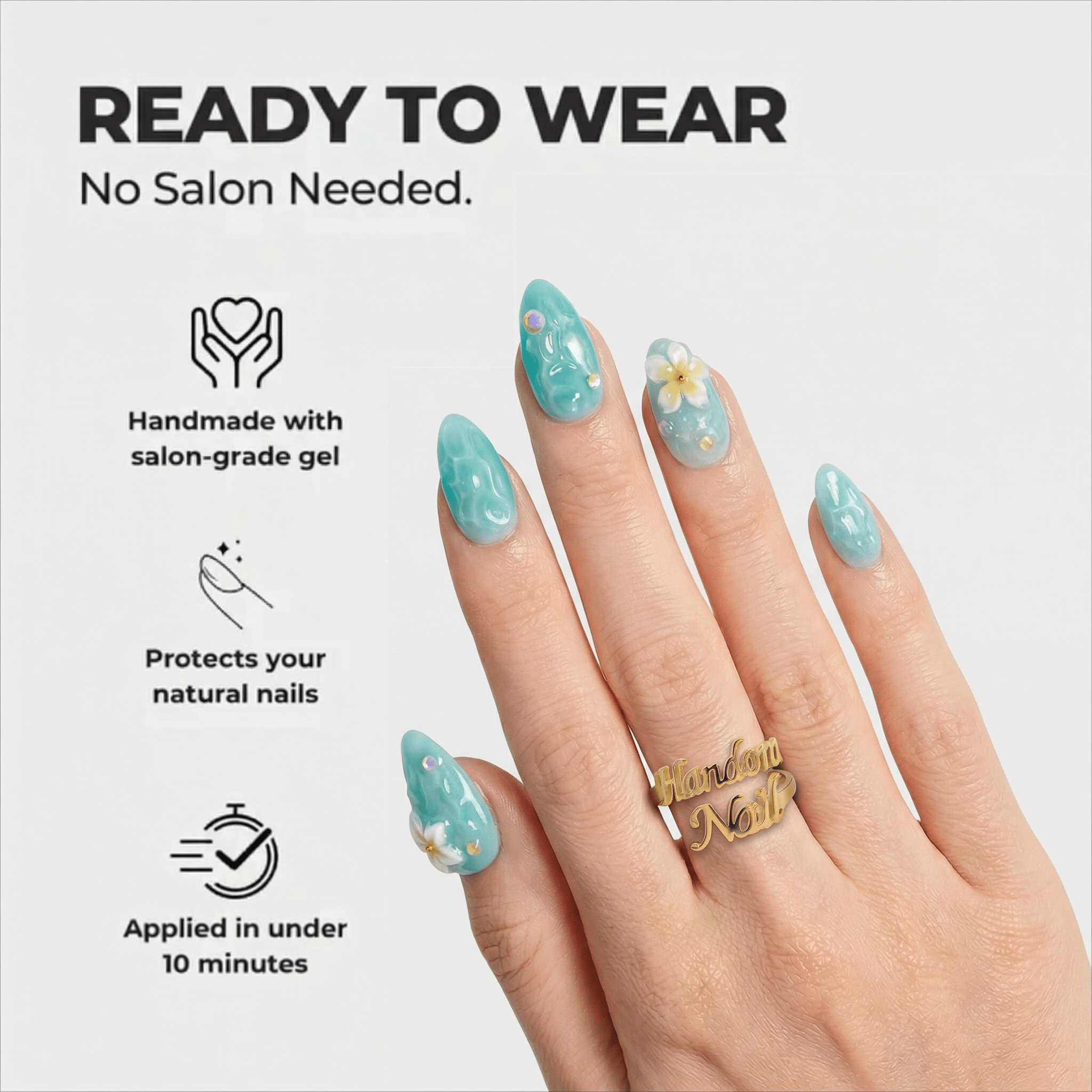 Ocean Plumeria almond press-on nails – design close-up by Handora