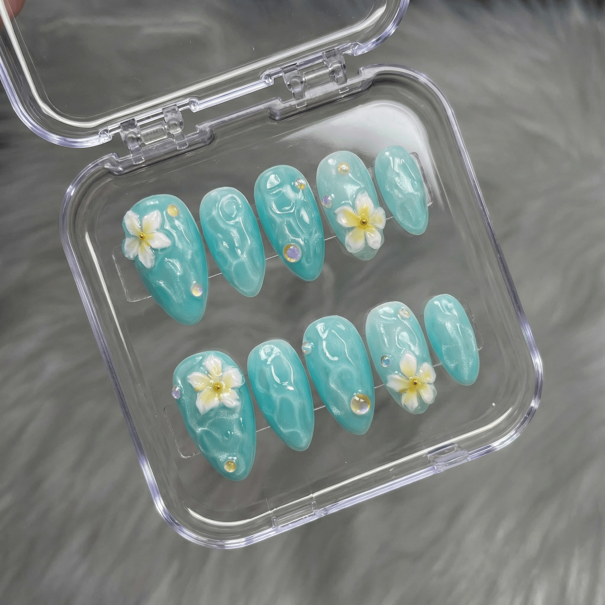 Ocean Plumeria salon-quality handmade press-on nails by Handora