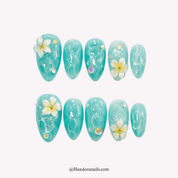 Ocean Plumeria blue almond press-on nails by Handora