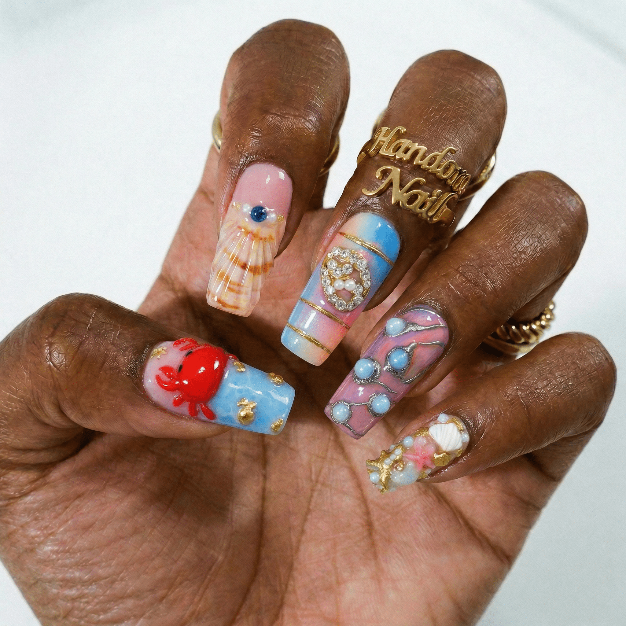 Ocean Reef square press-on nails – design close-up by Handora