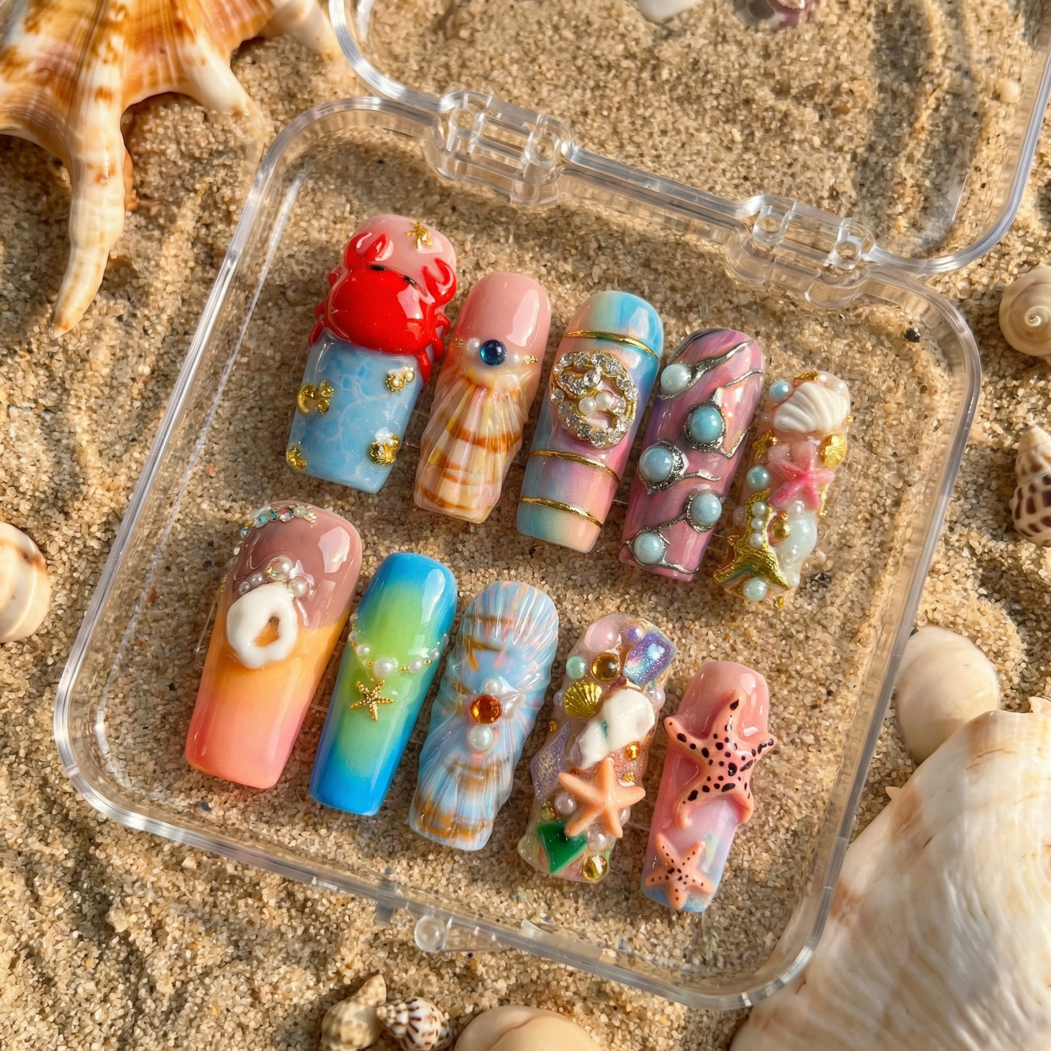 Ocean Reef press-on nails – hand-painted reusable gel set by Handora