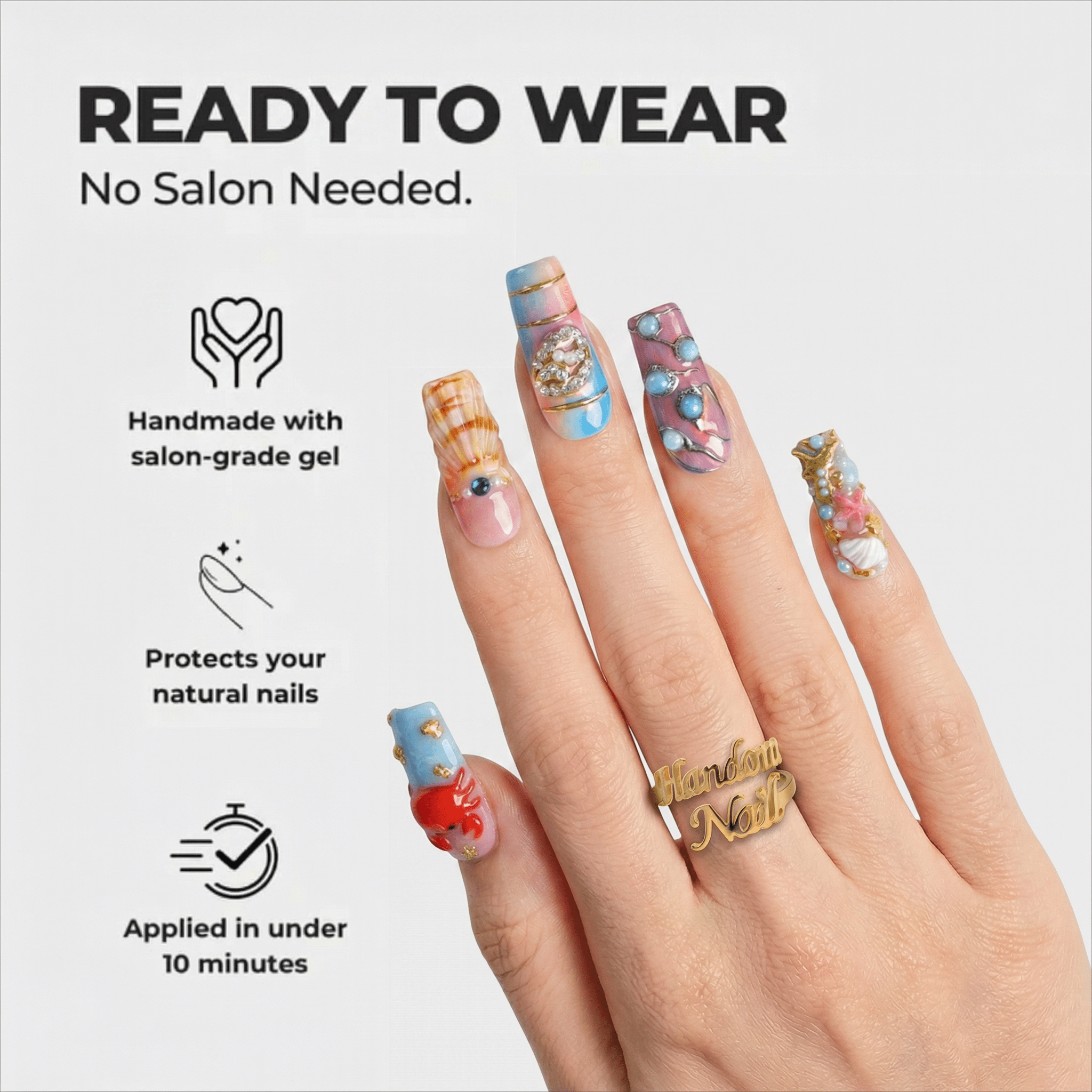 Ocean Reef 3d nail design – handmade press-on nails by Handora