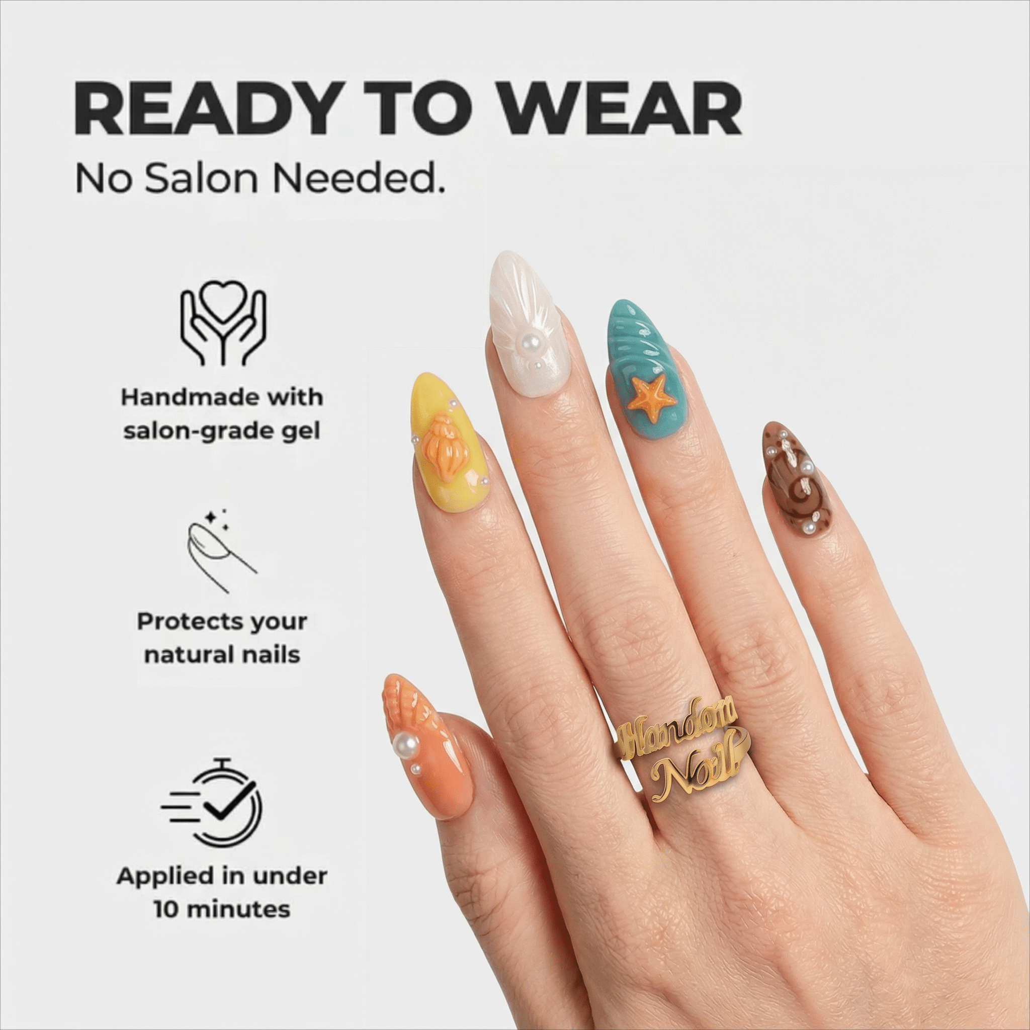 Ocean Secret press-on nails – design close-up by Handora