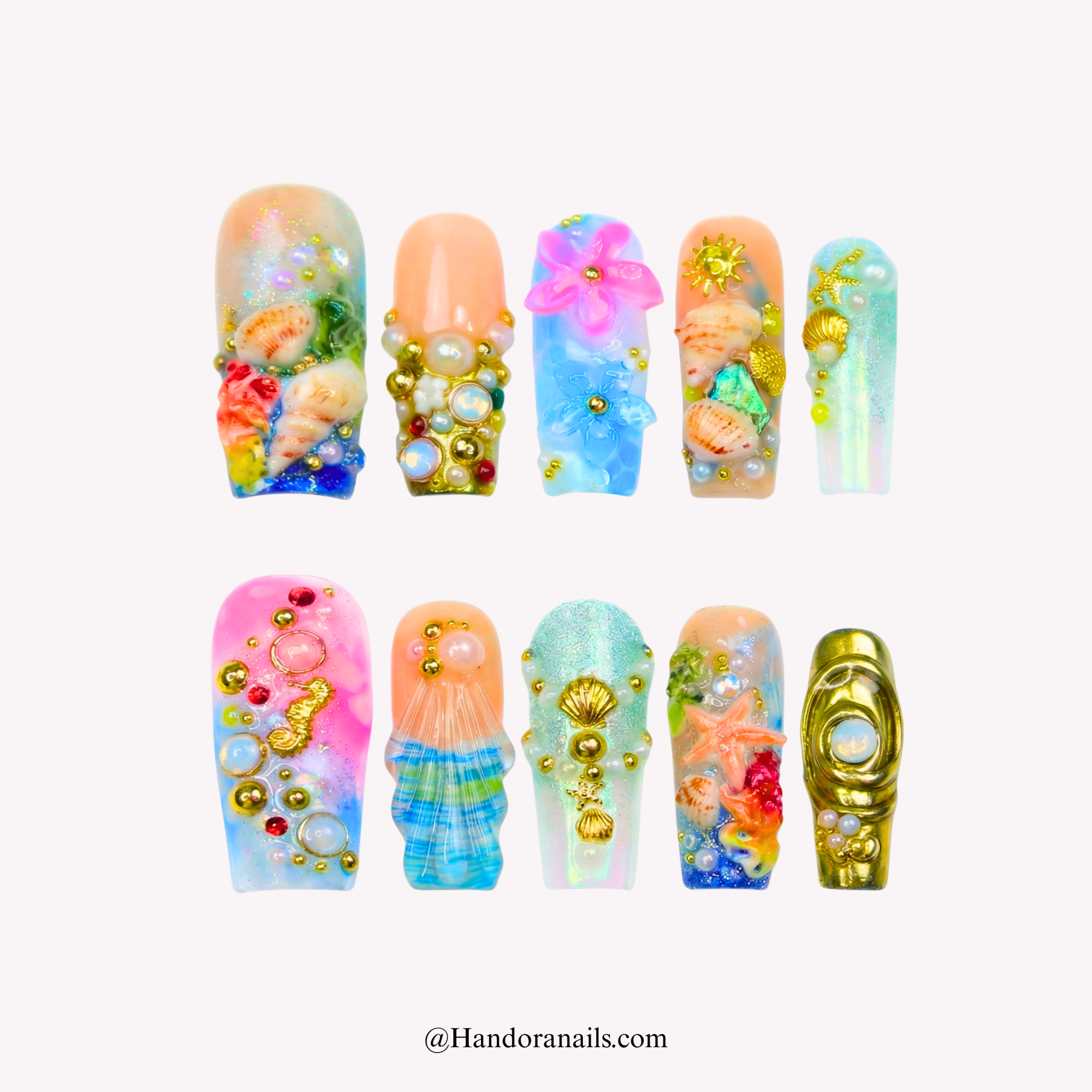 Ocean Shells blue coffin press-on nails by Handora