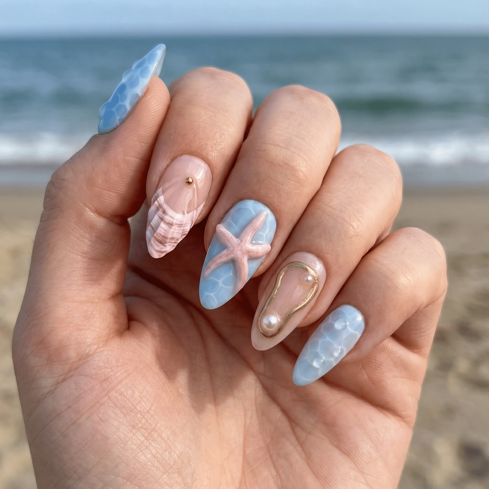 Ocean Siren 3d nail design – handmade press-on nails by Handora
