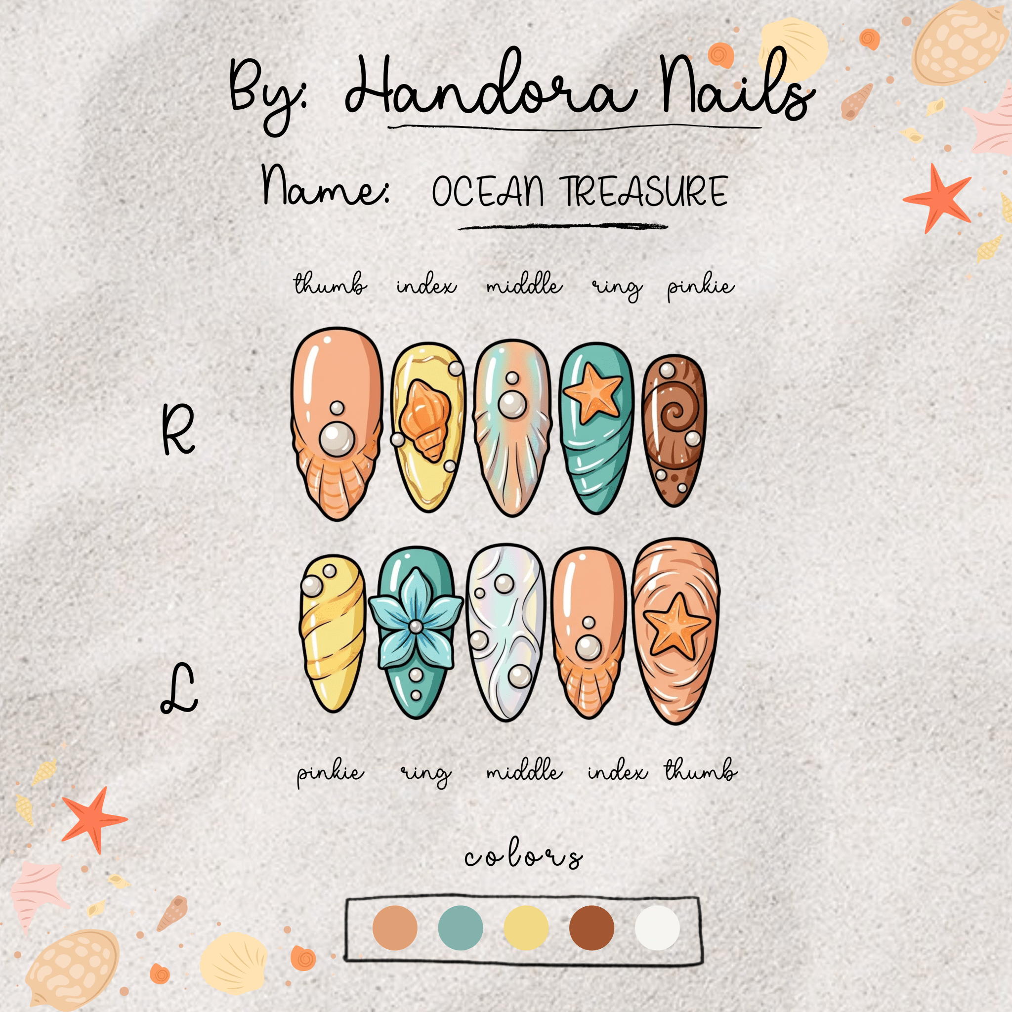 Ocean Treasure press-on nails – design close-up by Handora