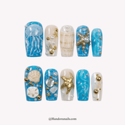 Ocean Treasures blue 3d press-on nails by Handora