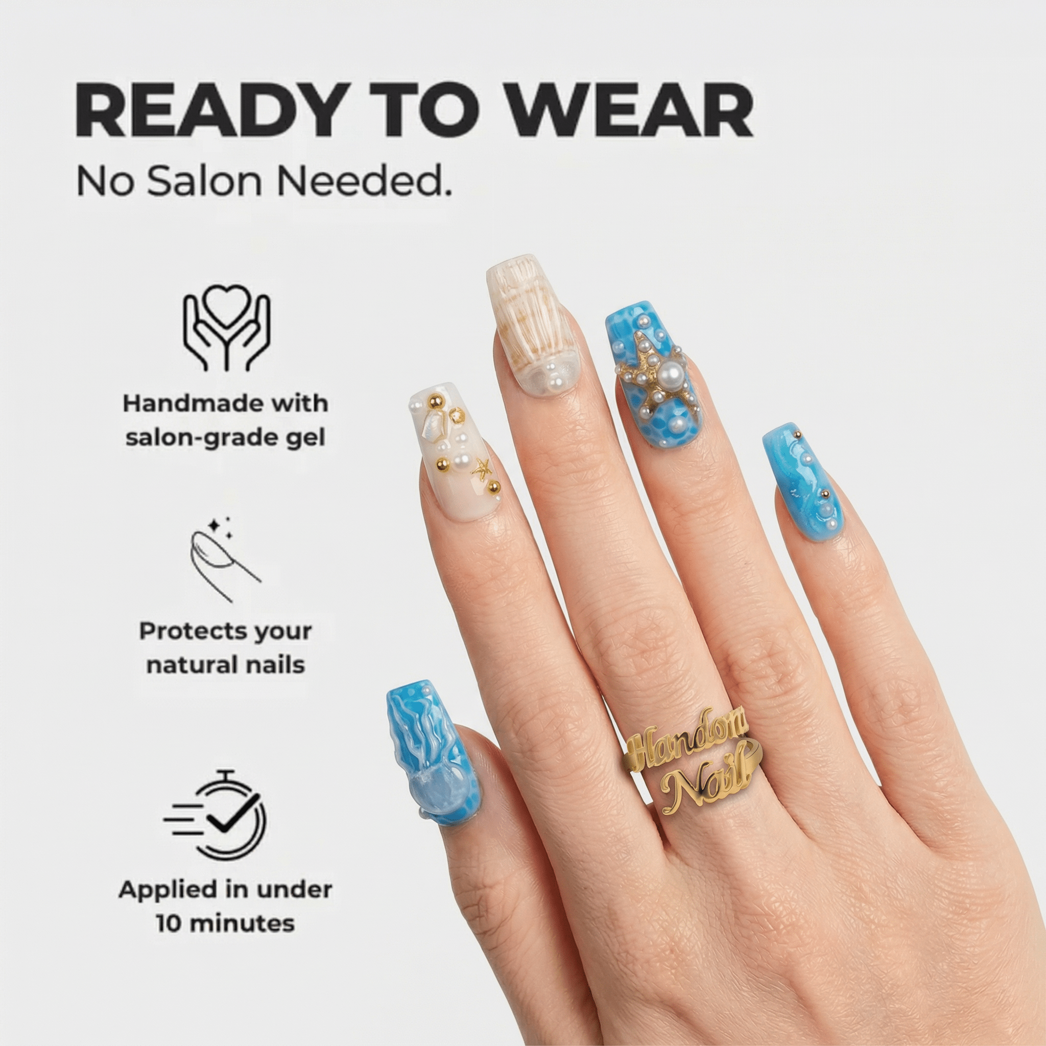 Ocean Treasures press-on nails – design close-up by Handora