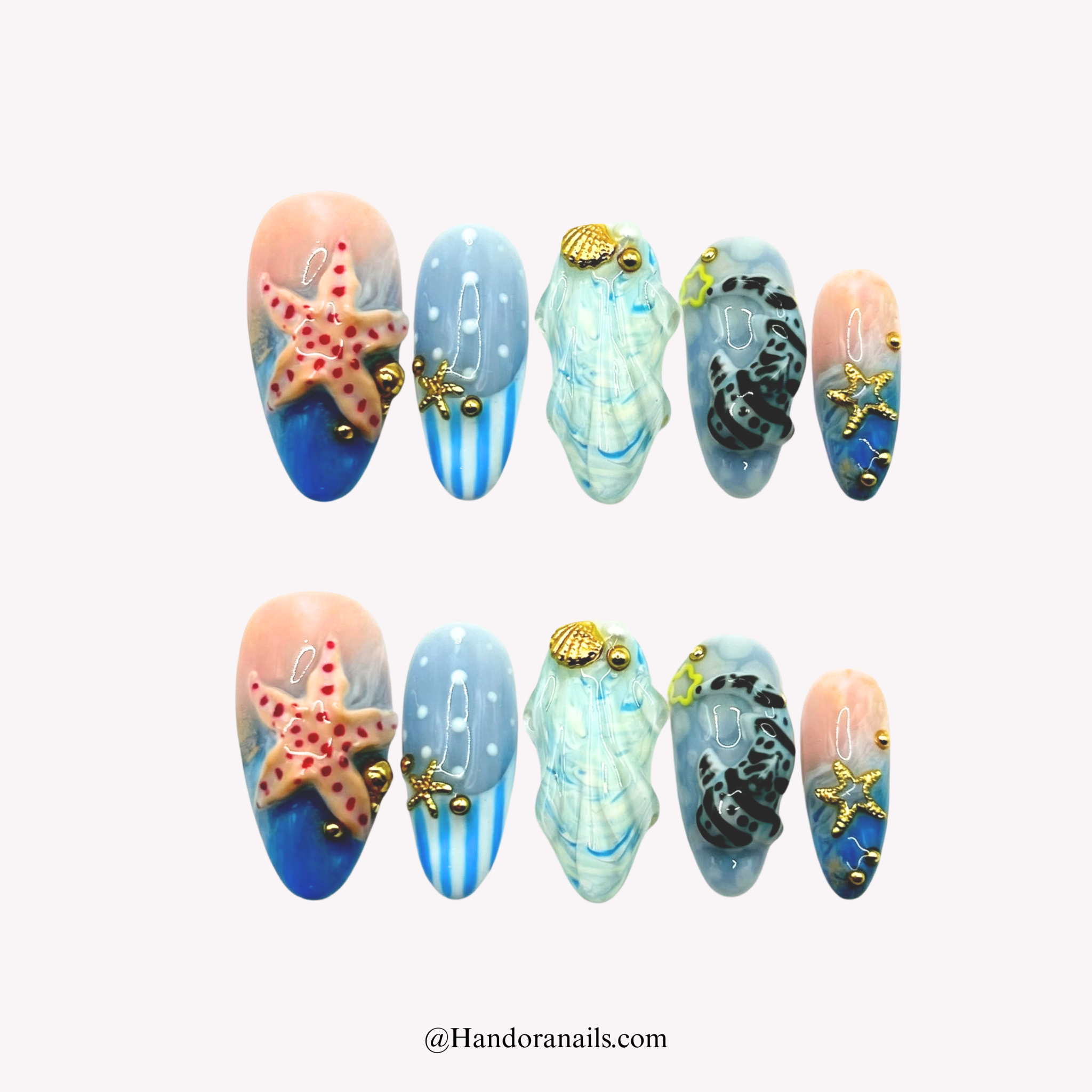 Ocean Whispers blue almond 3d press-on nails by Handora