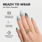 Ocean Whispers almond press-on nails – design close-up by Handora