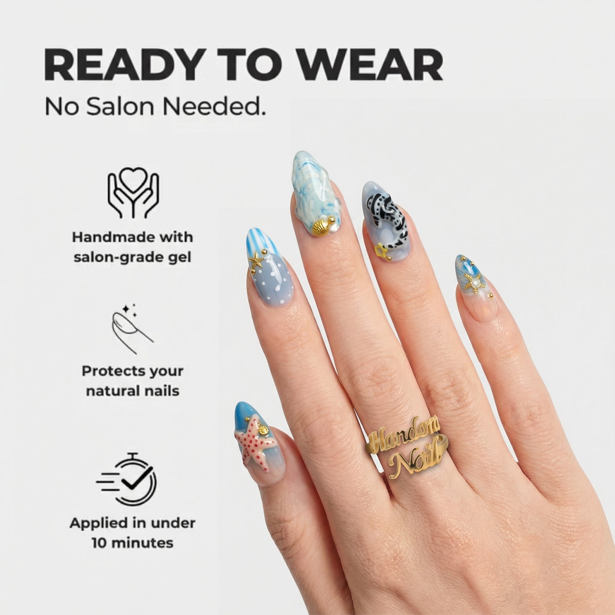 Ocean Whispers almond press-on nails – design close-up by Handora