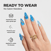 Ocean Wonders almond press-on nails – design close-up by Handora