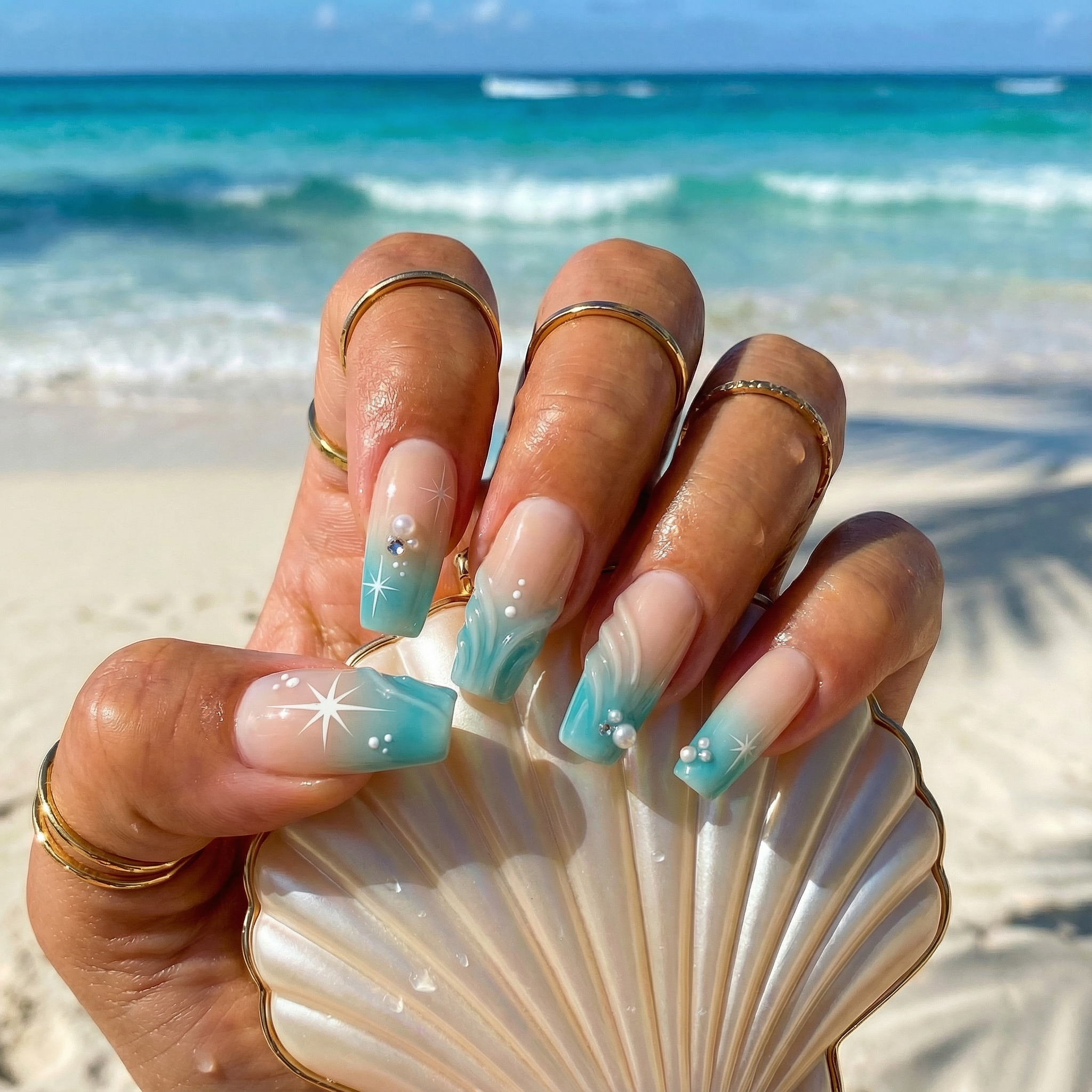 Oceanic Aura press-on nails – hand-painted reusable gel set by Handora