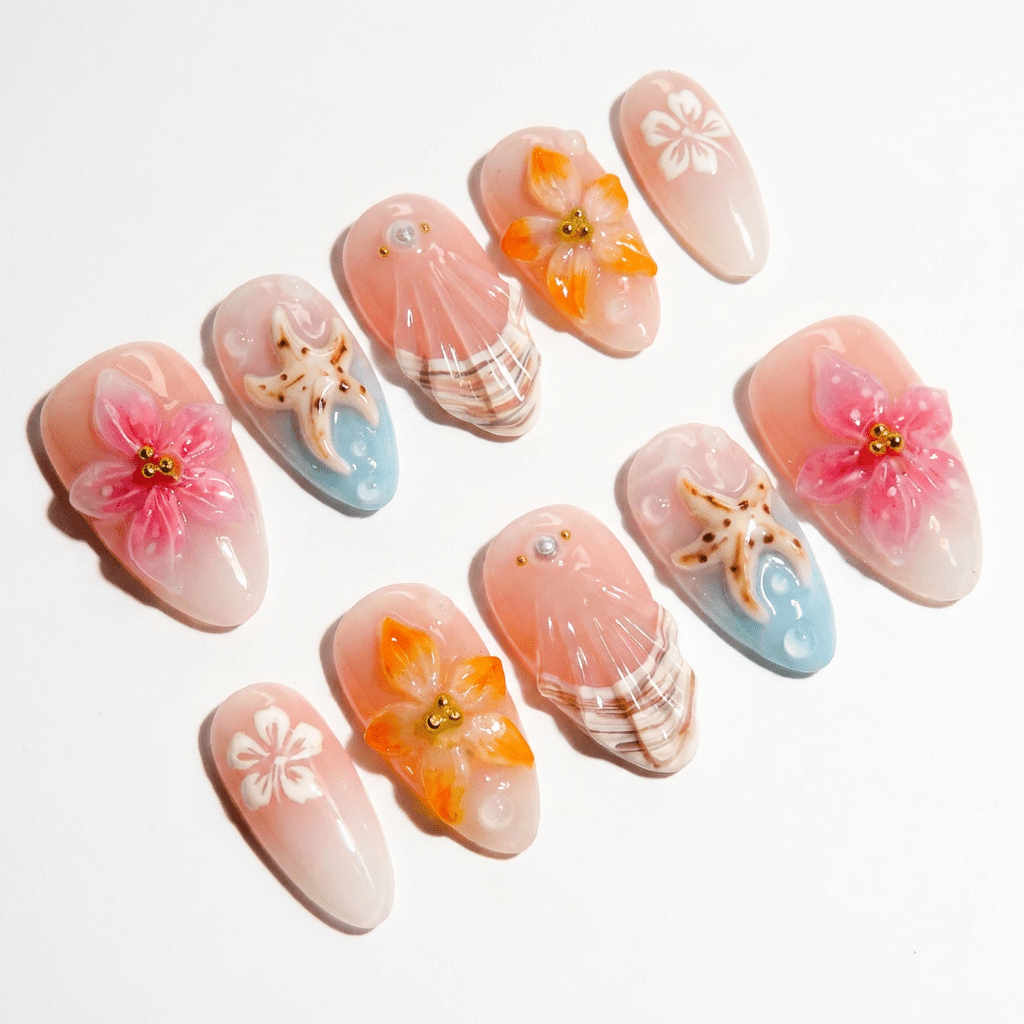 Oceanic Bloom 3d nail design – handmade press-on nails by Handora