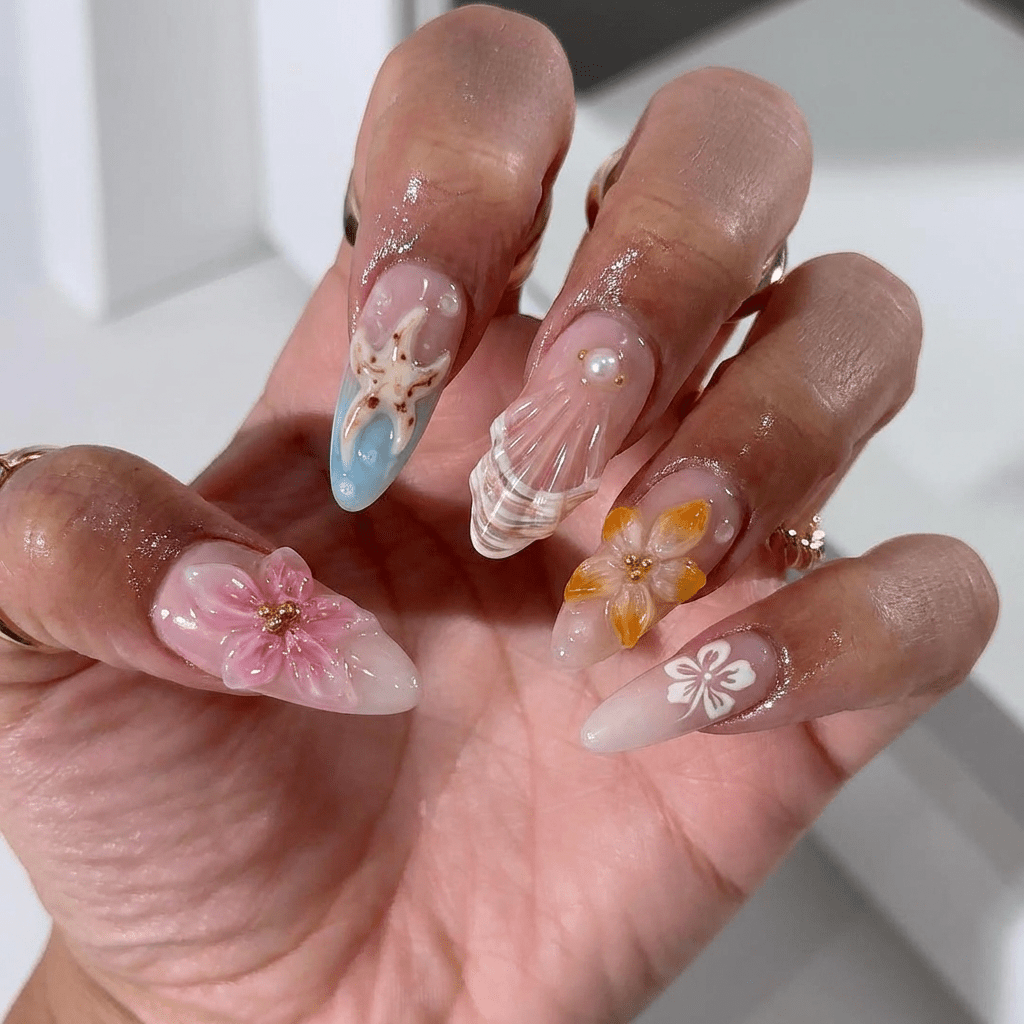 Oceanic Bloom press-on nails – hand-painted reusable gel set by Handora
