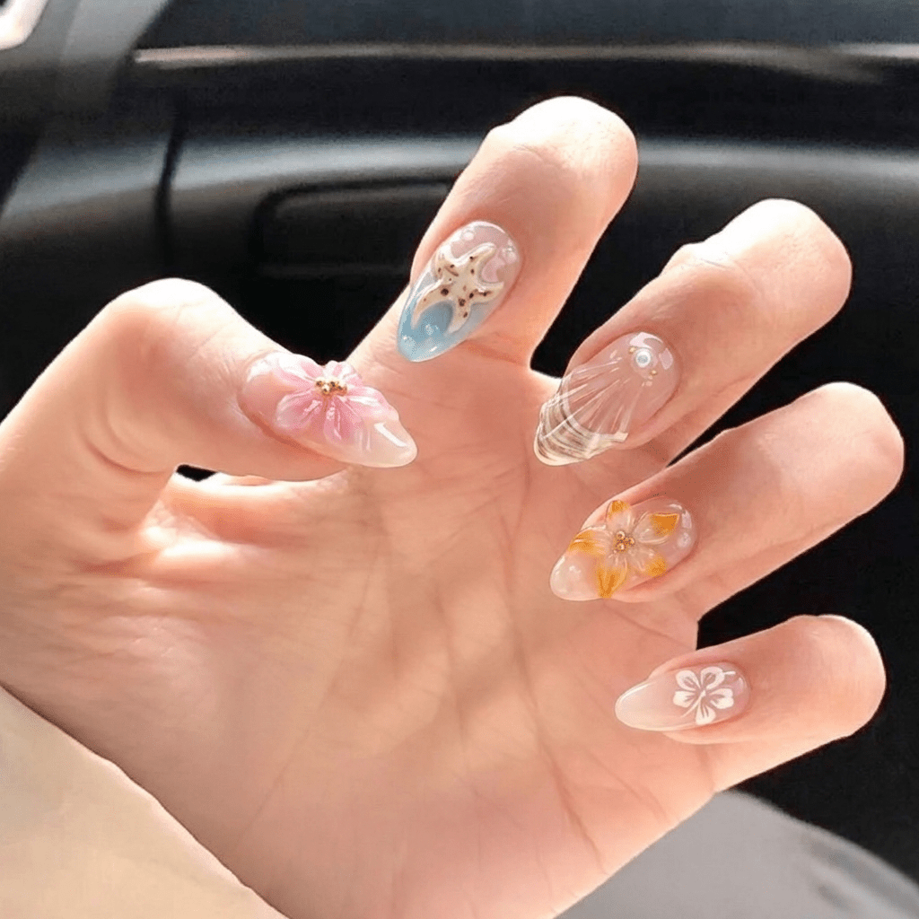 Oceanic Bloom blue press-on nails by Handora