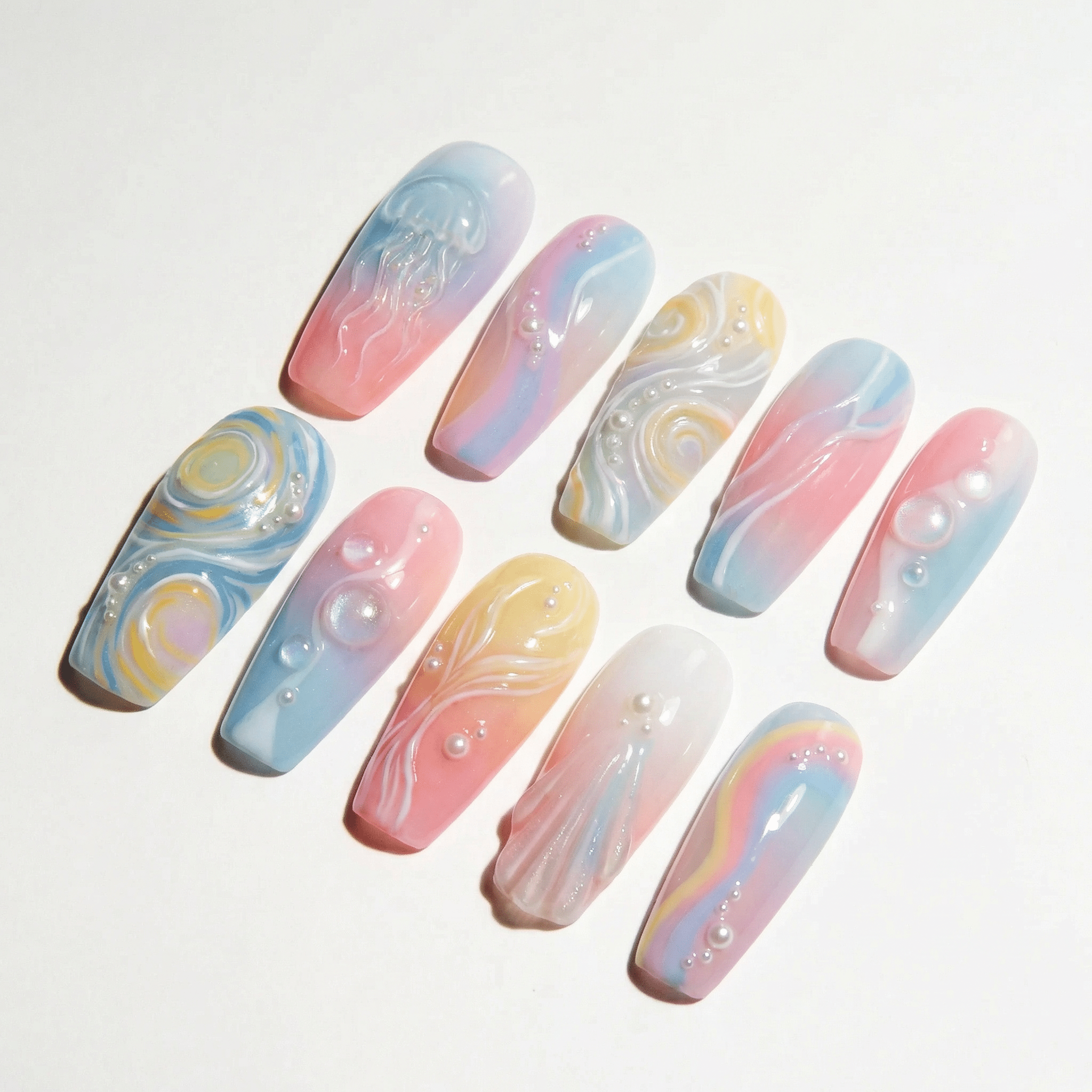 Oceanic Dreams 3d nail design – handmade press-on nails by Handora