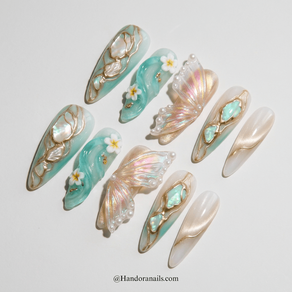 Oceanic Fairy press-on nails worn on hand – almond shape by Handora
