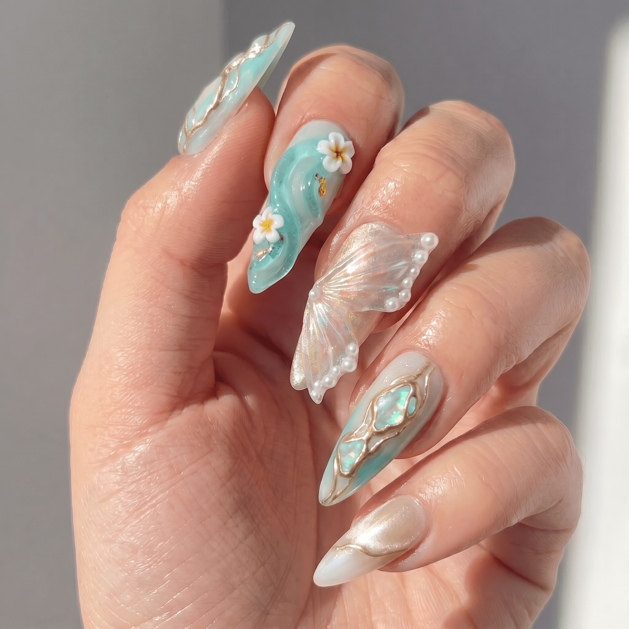 Oceanic Fairy press-on nails – hand-painted reusable gel set by Handora