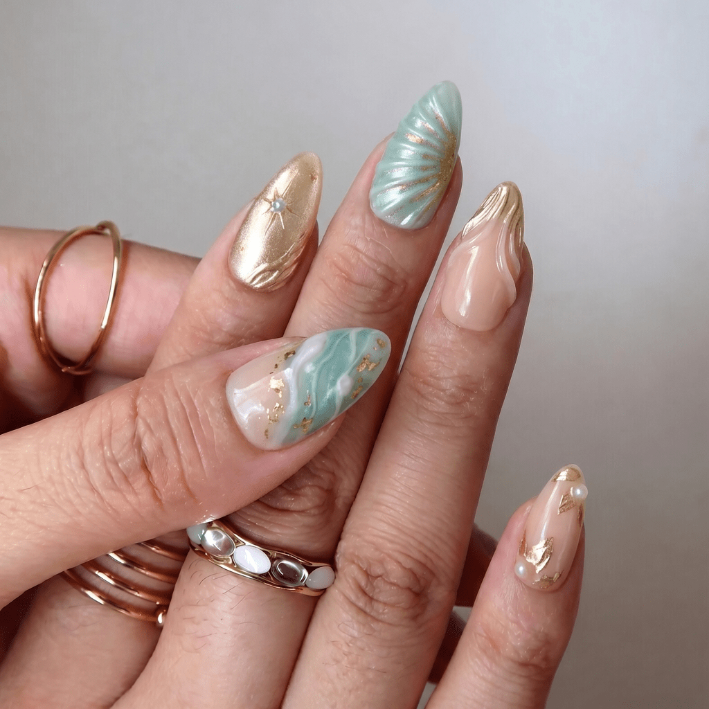 Oceanic Glimmer french tip nail design – handmade press-on nails by Handora