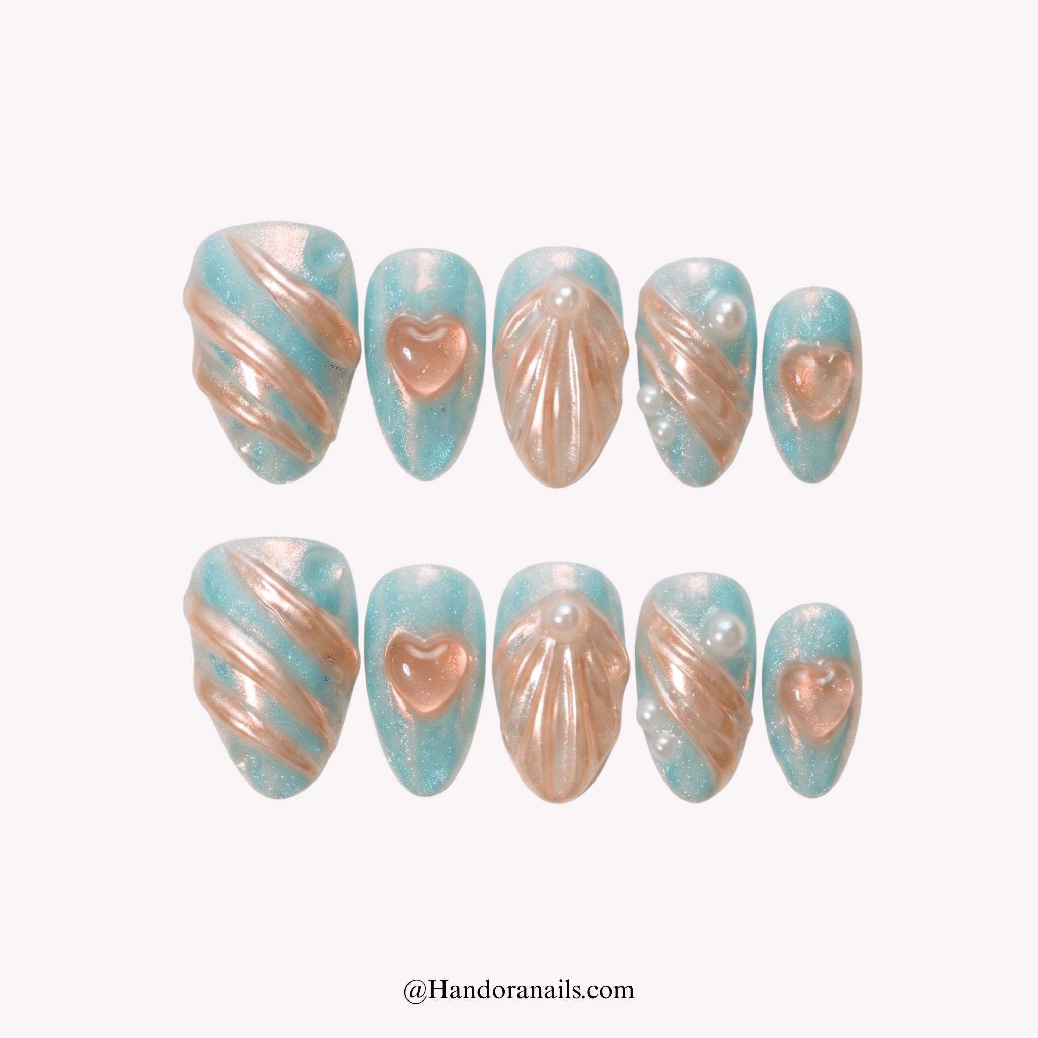 Oceanic Heart blue press-on nails by Handora