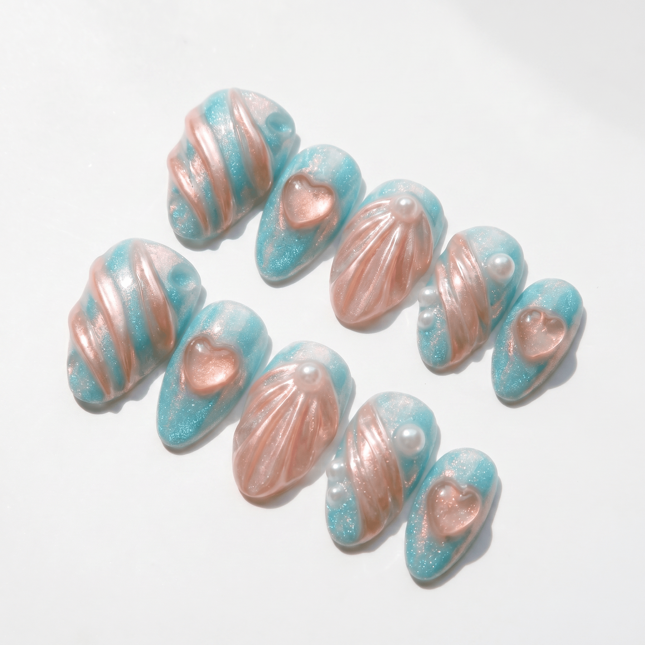 Oceanic Heart blue press-on nails by Handora