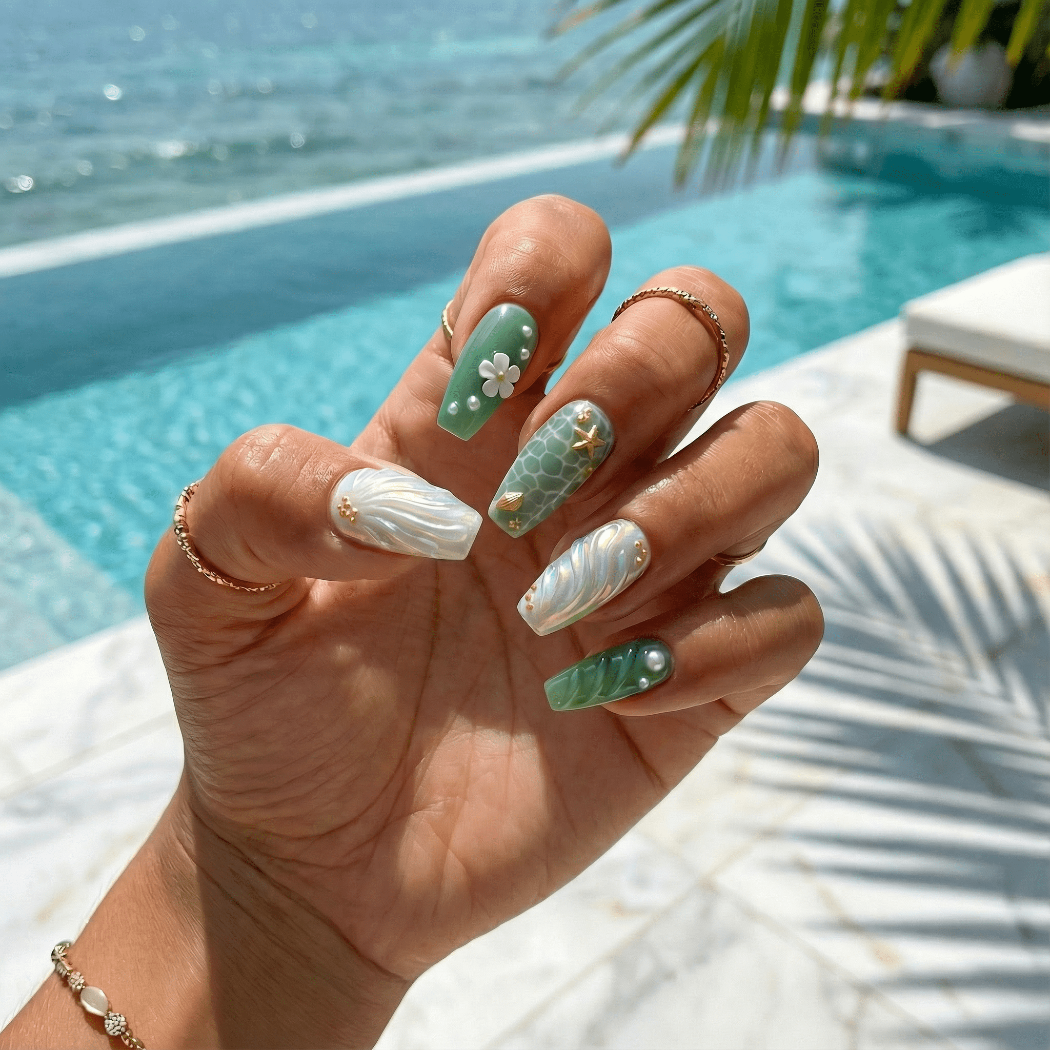 Oceanic Muse press-on nails worn on hand – almond shape by Handora